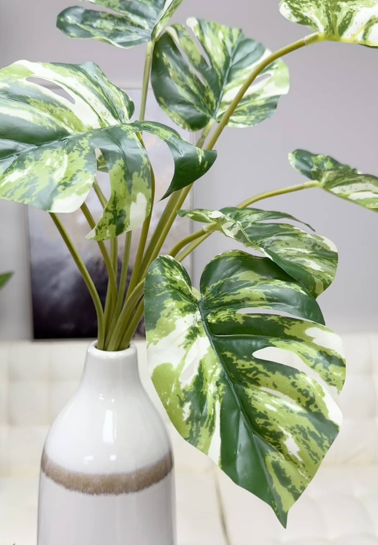 21" Artificial White Green Monstera Leaf spray x 10 Leaves
