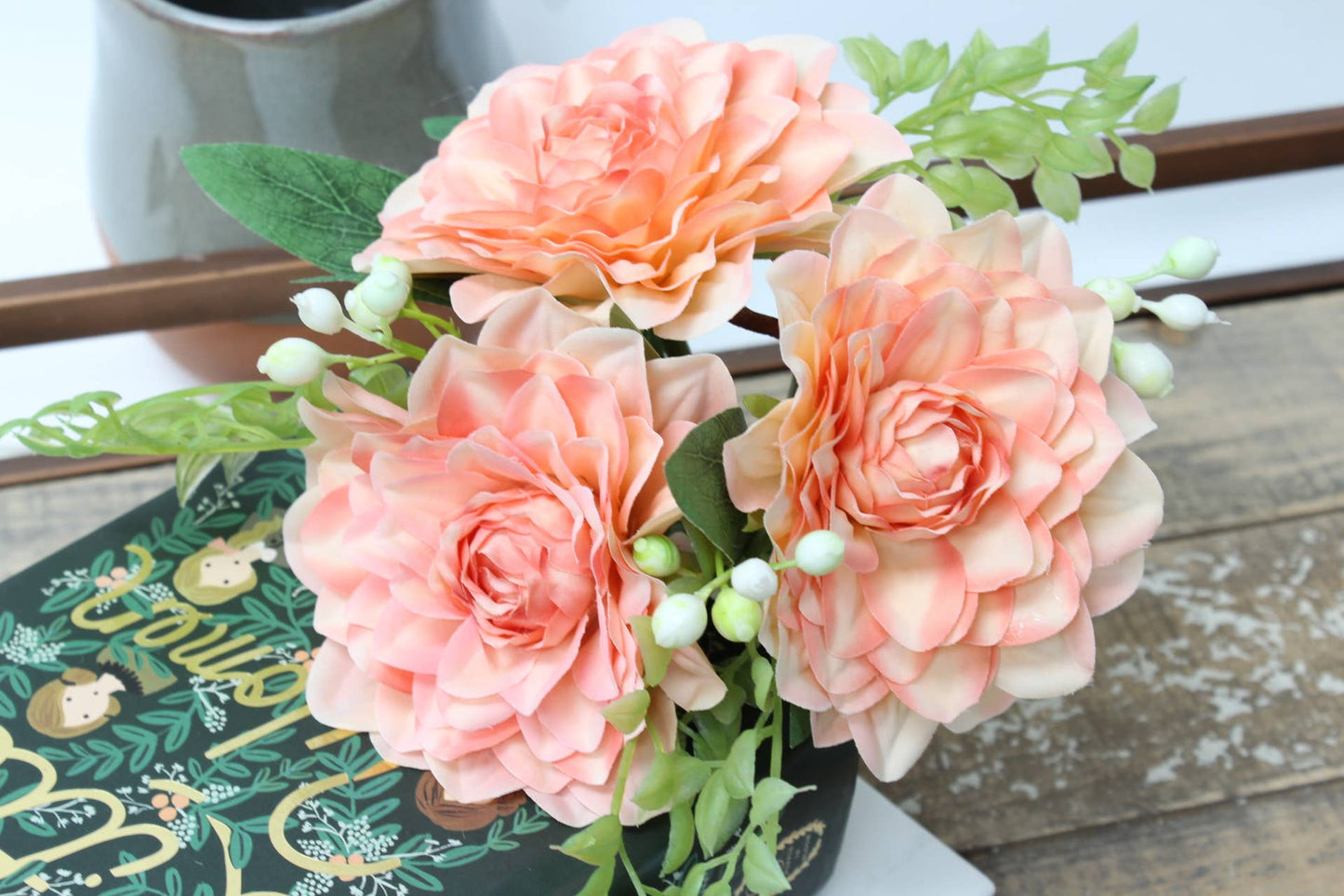 Artificial Silk Dahlia with greenery bundle - 9" tall 4"bloom