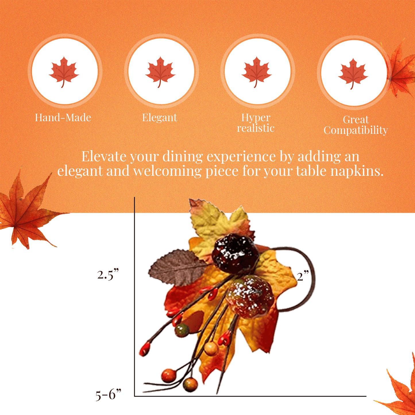 Pack of 6 - Fall napkin rings Maple pumpkin fruits