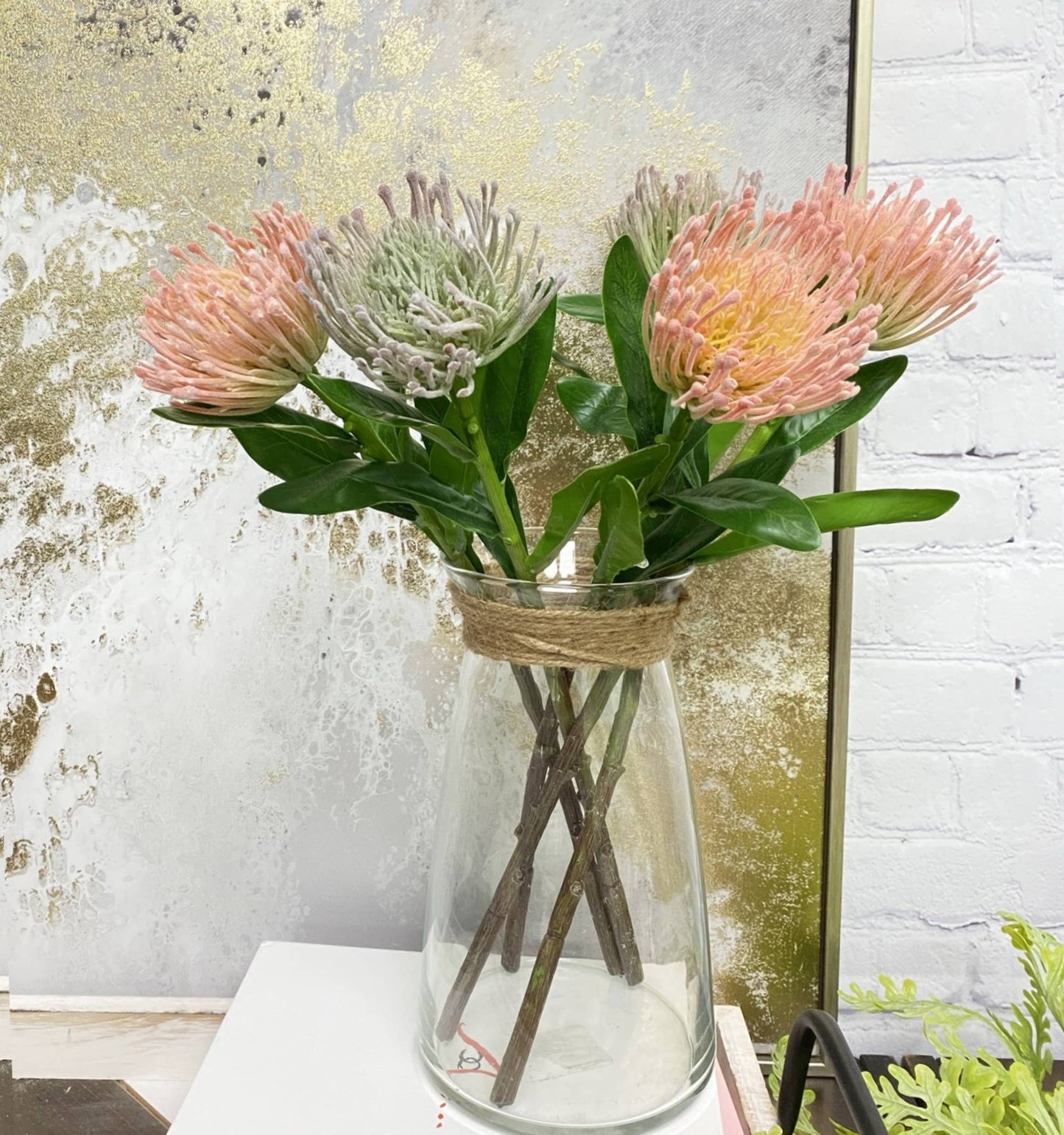 16" Artificial frosted needle pincushion protea