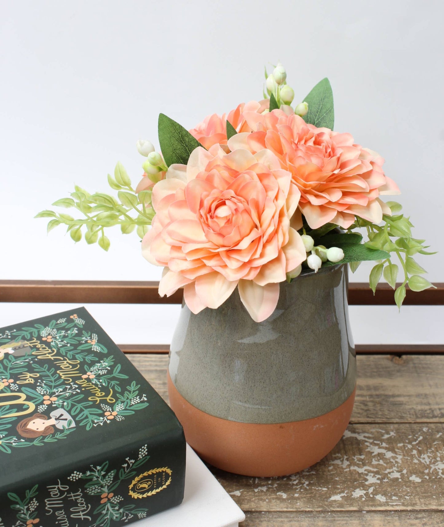 Artificial Silk Dahlia with greenery bundle - 9" tall 4"bloom