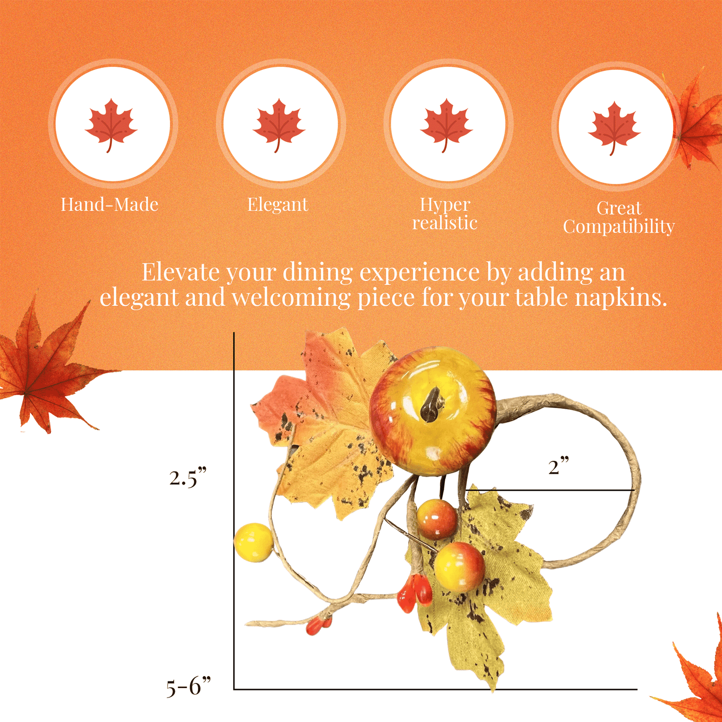 Pack of 6 - Fall napkin rings Maple pumpkin fruits
