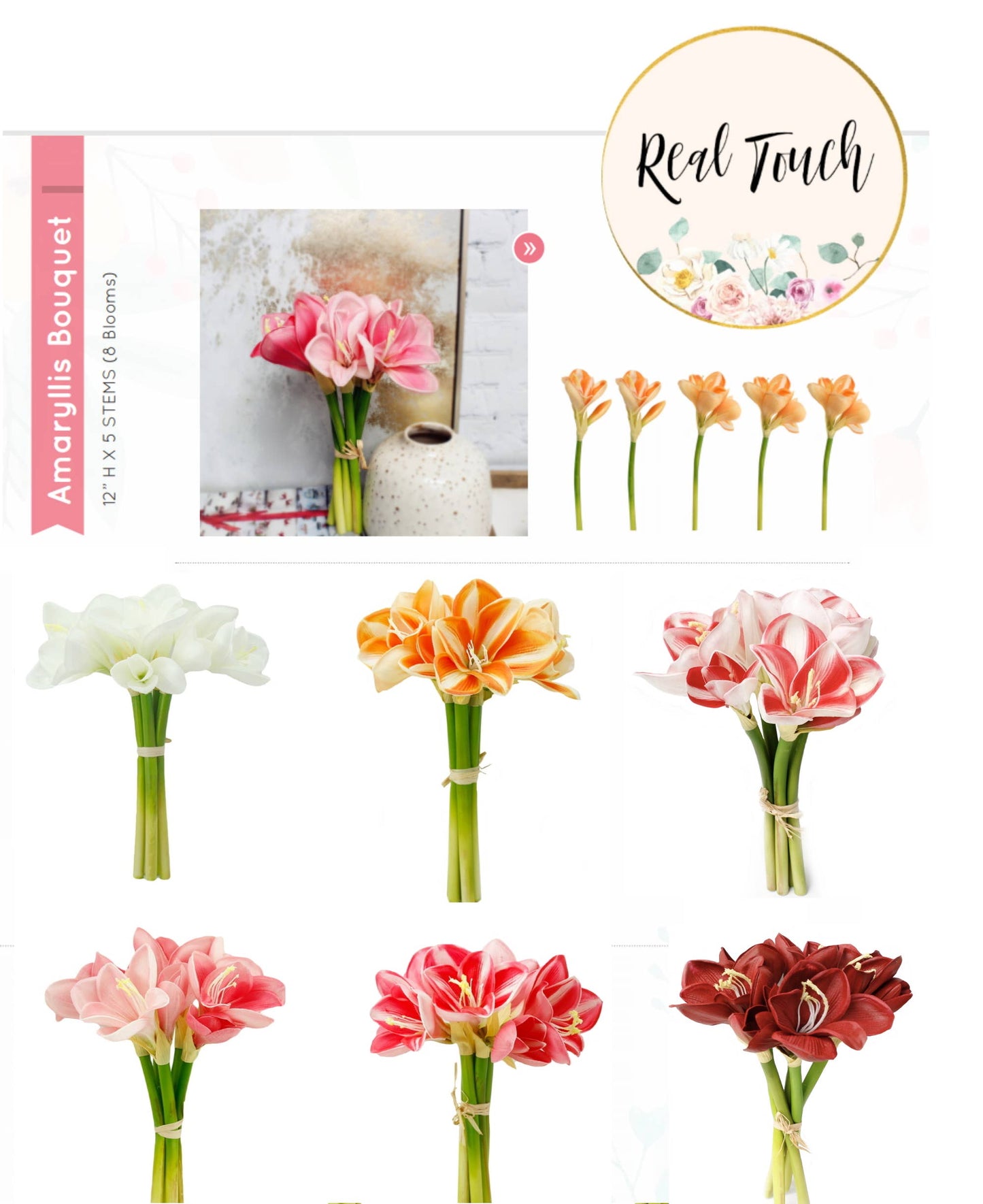 12" Real Touch faux Amaryllis - 8 blooms 2 buds