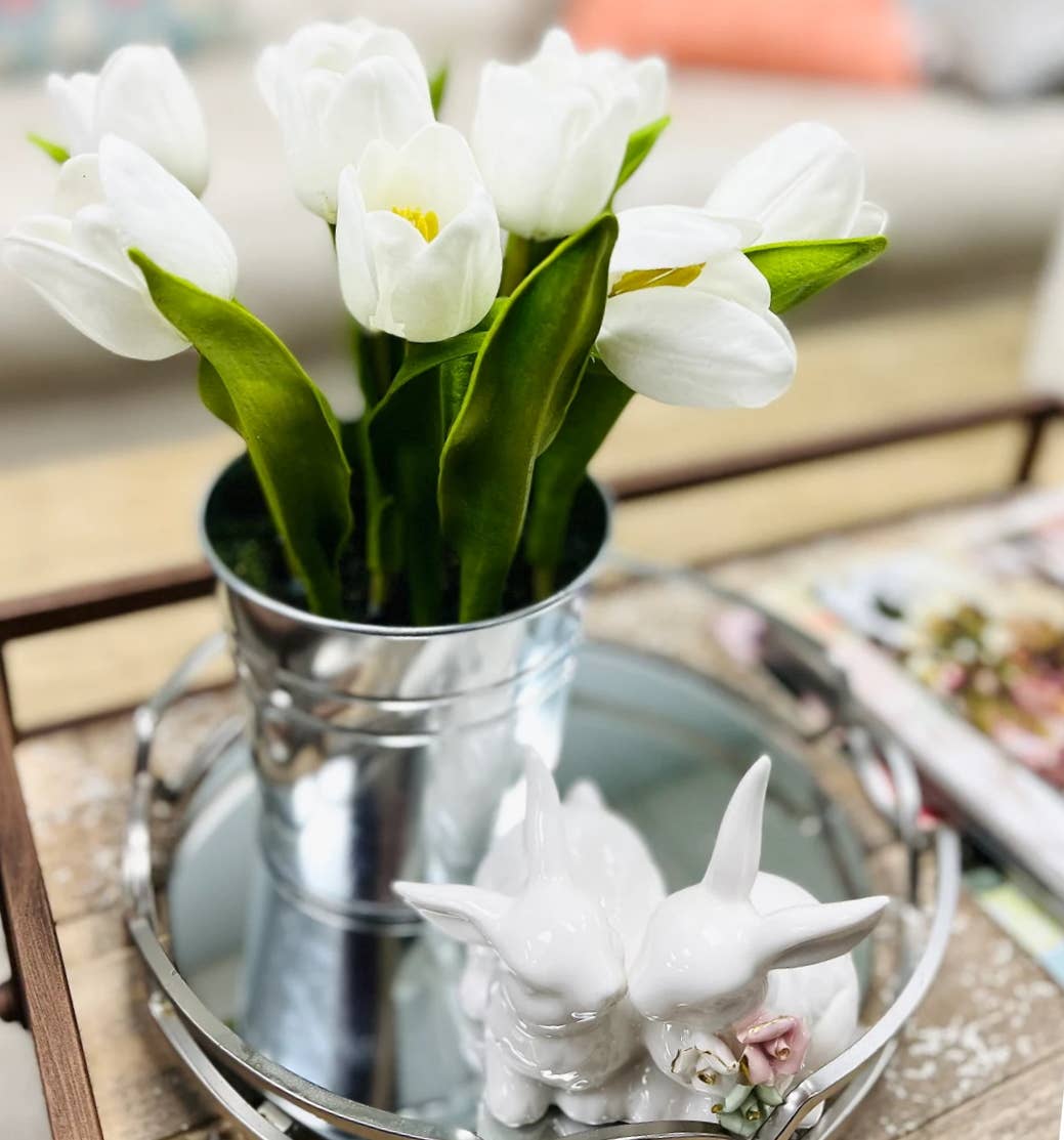 9" real touch tulip centerpiece in silver vase - 9 blooms