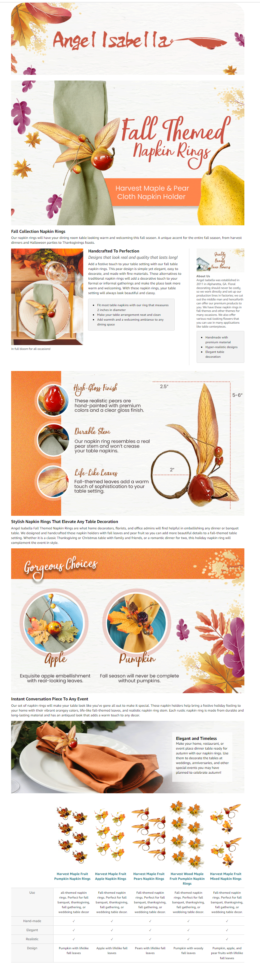 Pack of 6 - Fall napkin rings Maple pumpkin fruits