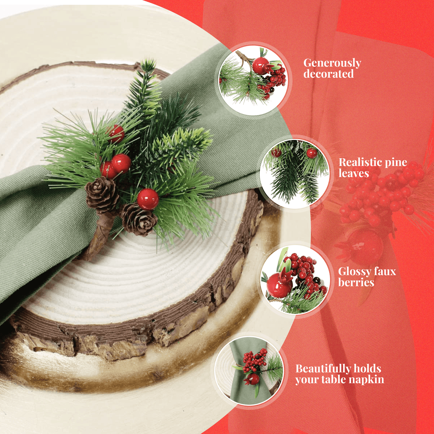 Pack of 6 - Christmas Napkin Ring Berry Pinecones