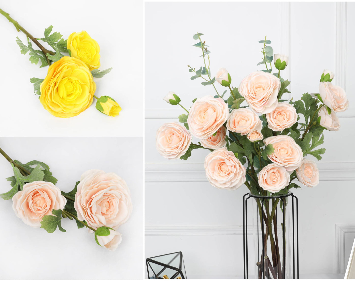 24" Real Touch ranunculus 2 flowers 1 bud
