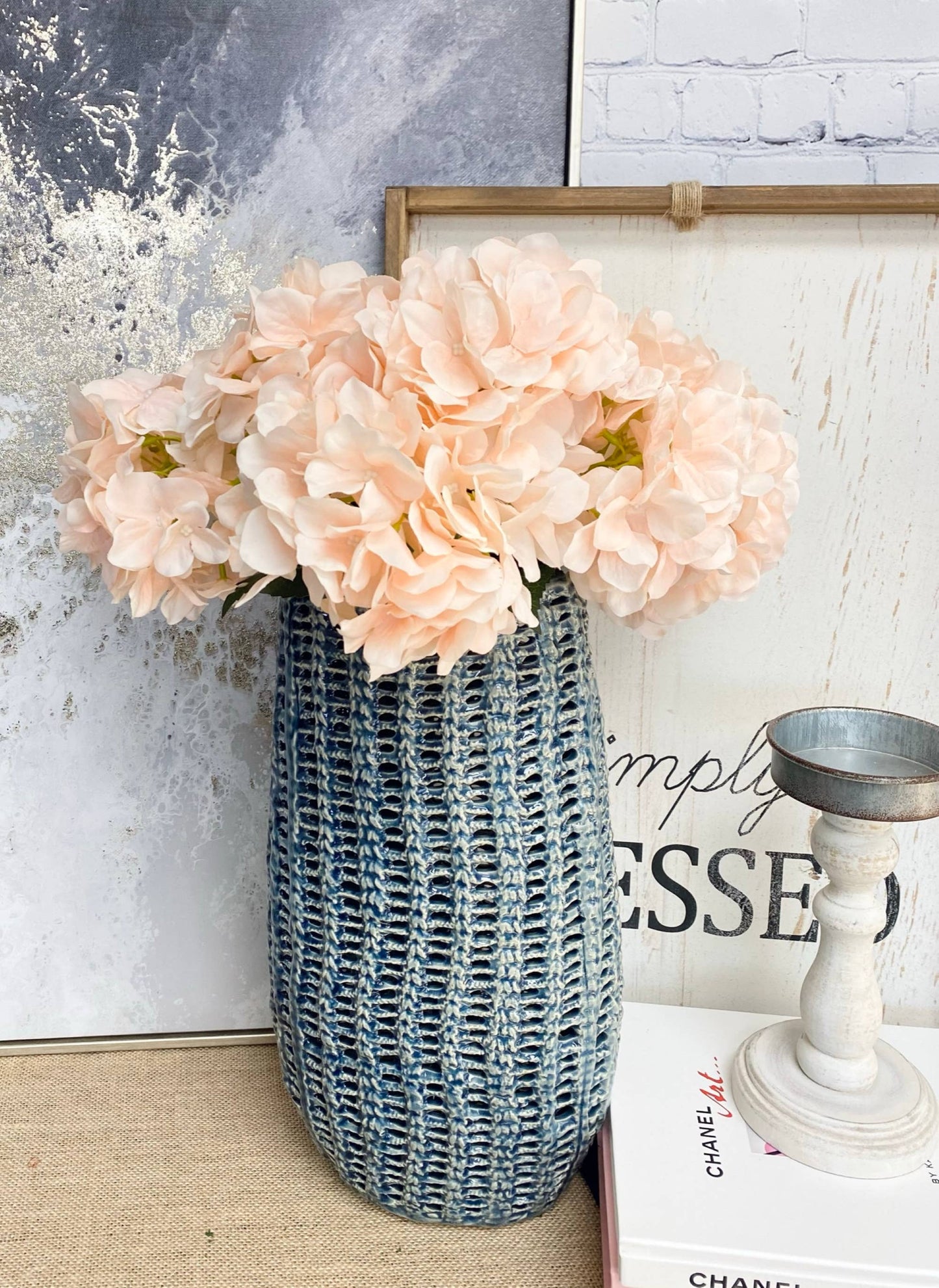 17" Faux silk hydrangea bush peach color 6 blooms