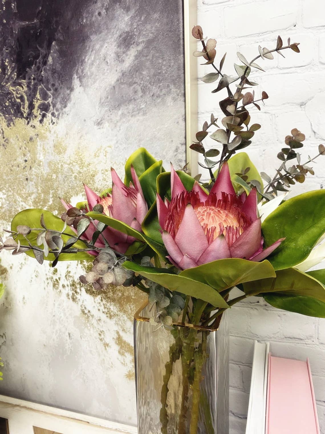 21" Artificial King Protea stem silk bloom real touch leaf
