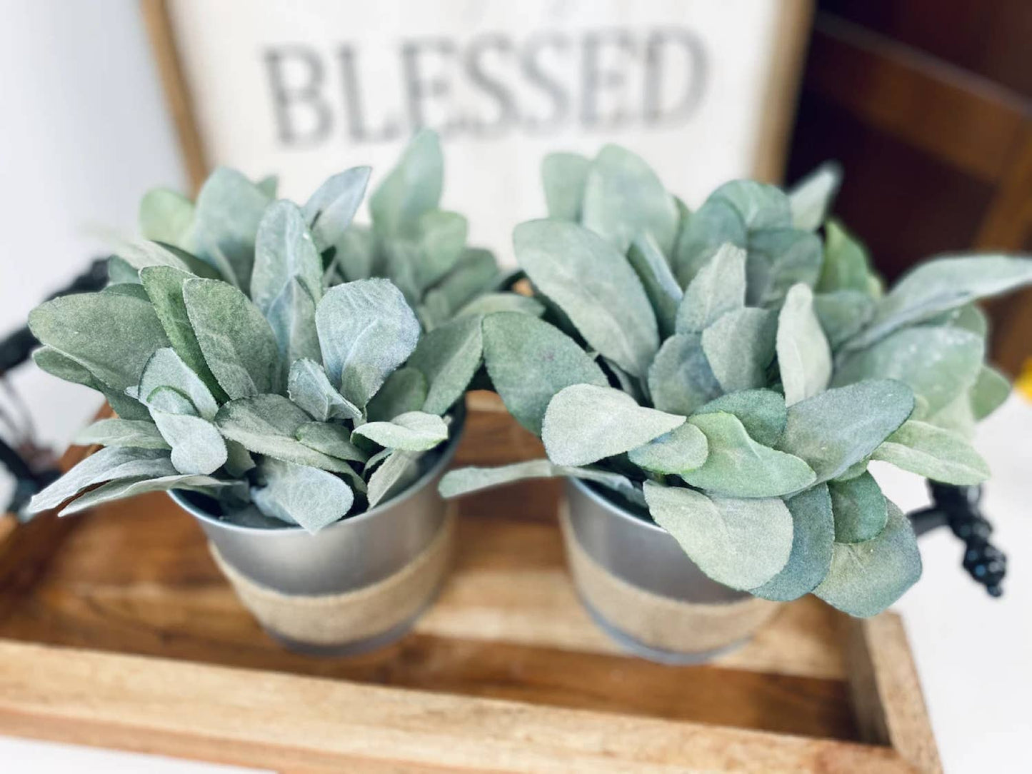 8" Faux Frosted lambs Ear table centerpiece Galvanized Pot