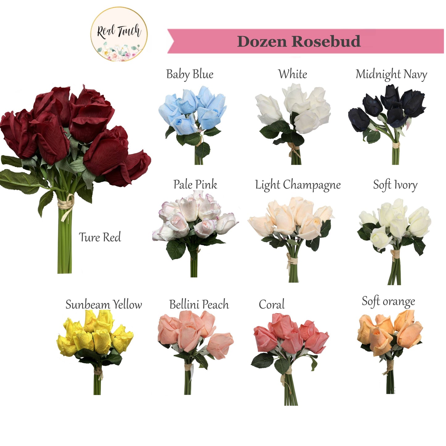 Pack of 12 stems-Real Touch rosebud bouquet