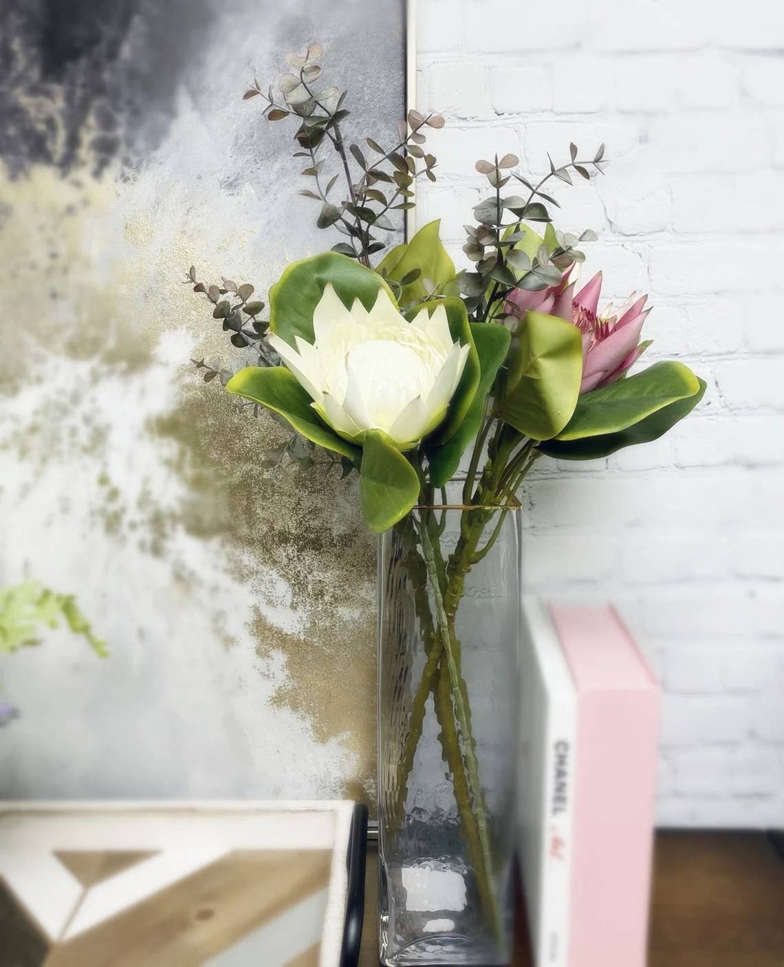21" Artificial King Protea stem silk bloom real touch leaf