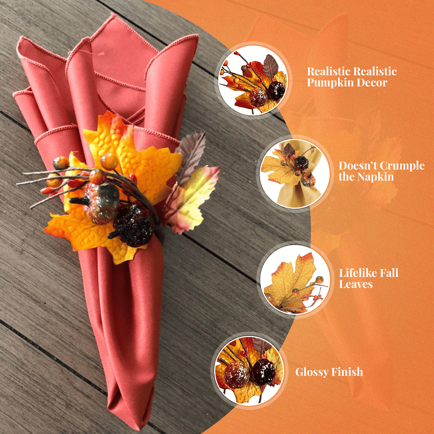 Pack of 6 - Fall napkin rings Maple pumpkin fruits