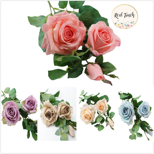 27" real touch Artificial rose-2 flowers 1 bud
