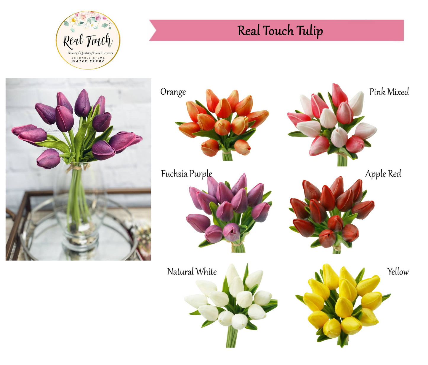 1 Dozen Real Touch Tulip Bud bouquet-13.25"