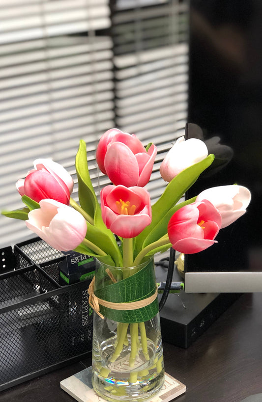 11" Tabletop centerpiece-faux real touch tulip in Glass Vase