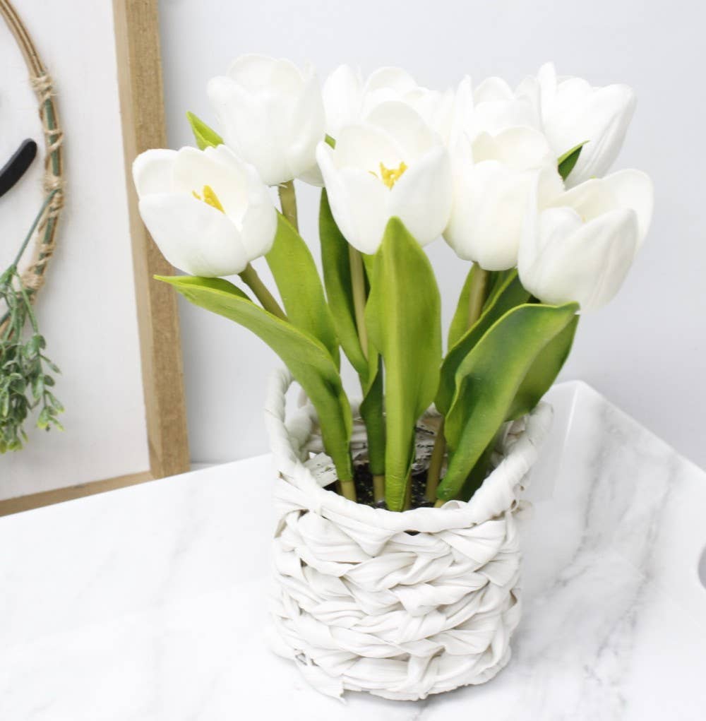 9" Real touch tulip tabletop centerpiece wicker basket
