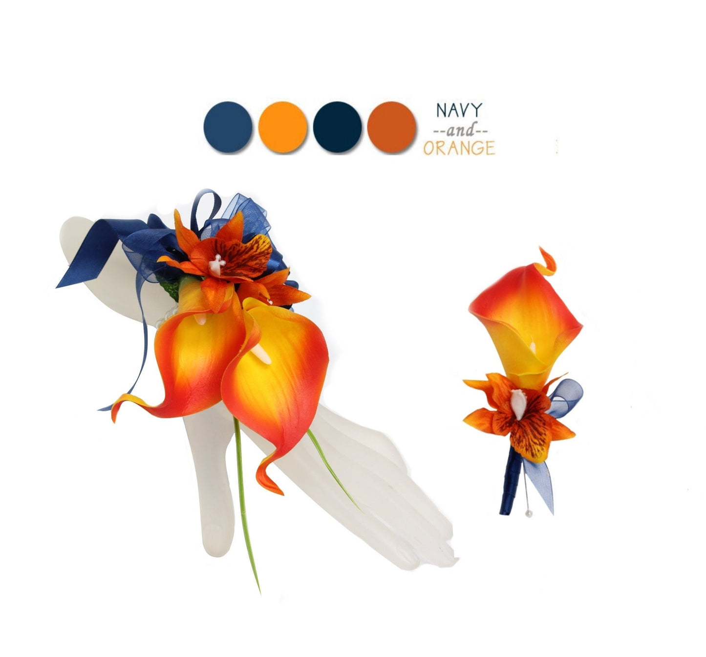 Elegant Navy & Orange Silk Floral Set for Weddings and Proms