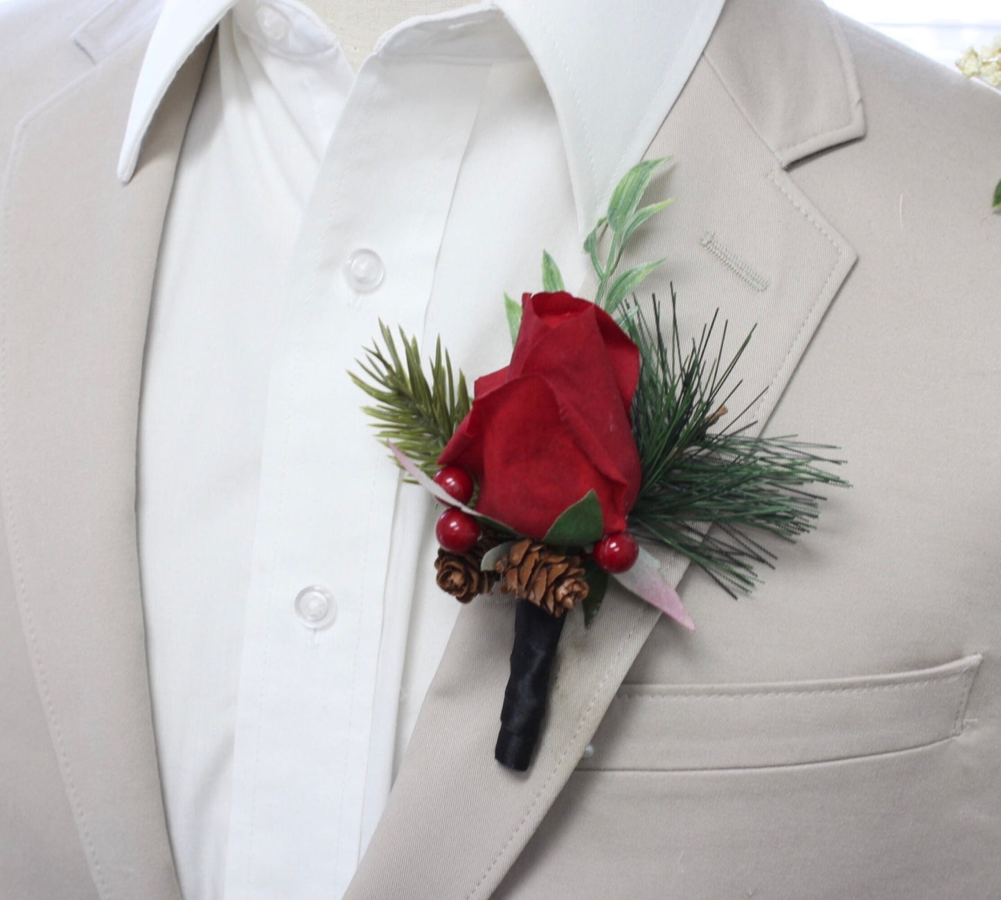 life-like real touch deep Christmas red or soft ivory boutonniere with berry pine cone artificial pike fern greenery