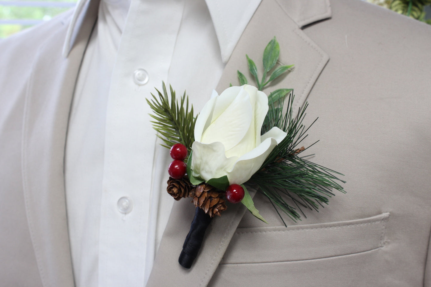 life-like real touch deep Christmas red or soft ivory boutonniere with berry pine cone artificial pike fern greenery