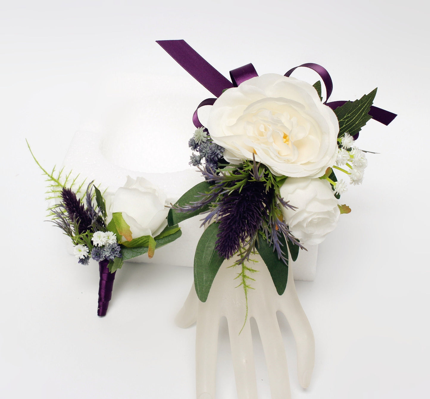 Elegant Faux Rose & Eucalyptus Corsage and Boutonniere Set for Events