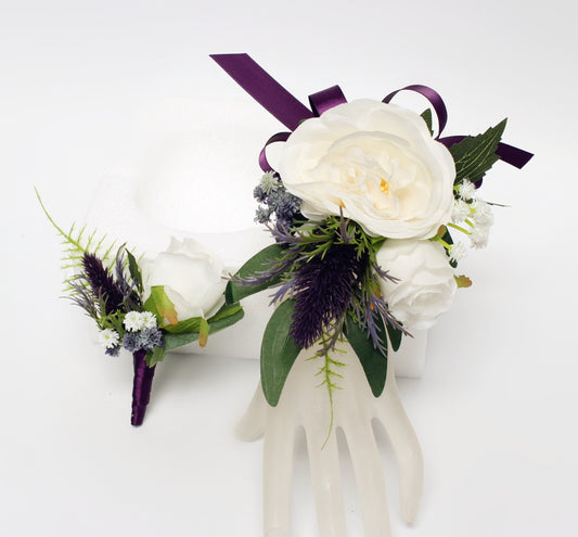 Elegant Faux Rose & Eucalyptus Corsage and Boutonniere Set for Events