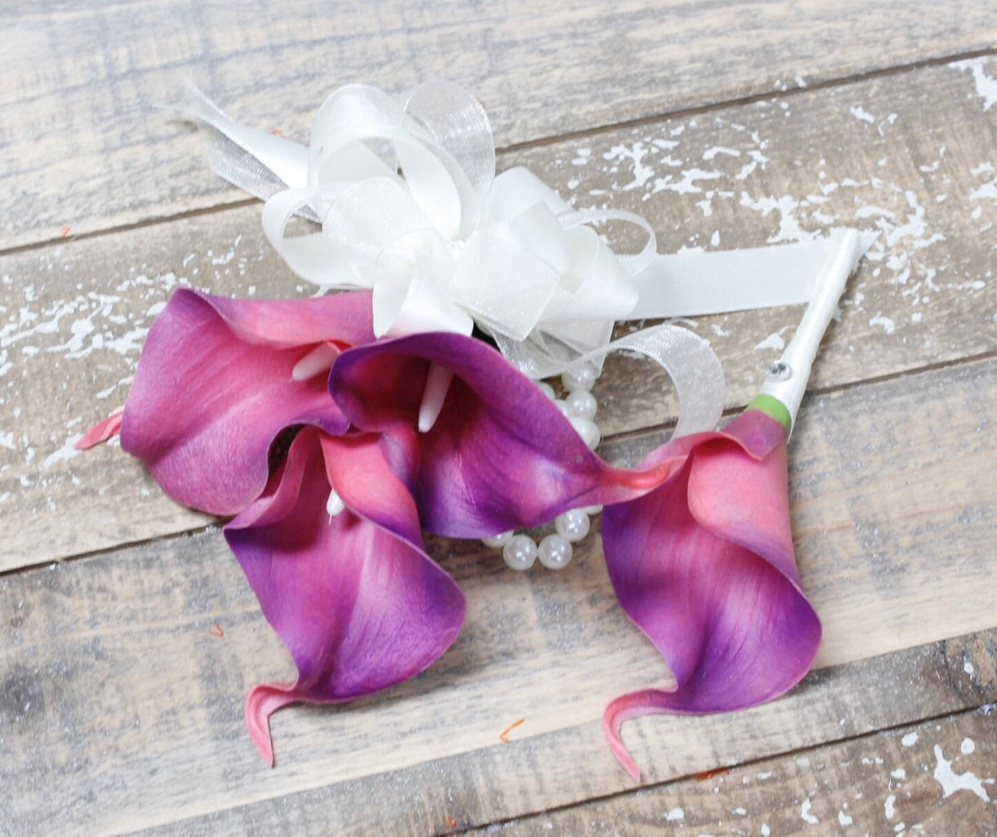 Elegant Cassis & Berry Calla Lily Corsage and Boutonniere Set