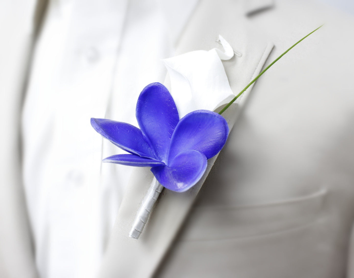 Elegant Real Touch Boutonniere with Calla Lily & Plumerias - Royal Blue & White