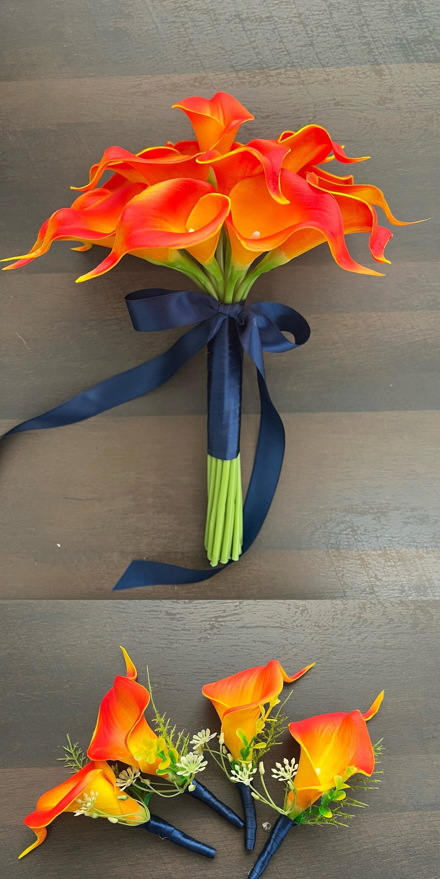 Luxurious Persimmon Tangerine Calla Lily Wedding Ensemble - Handcrafted Bridal Bouquet & Boutonniere Set