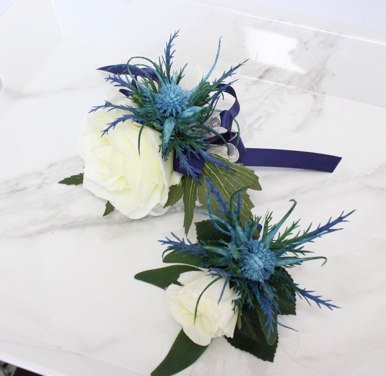 Elegant Cream Rose & Blue Thistle Corsage/Boutonniere Set - Custom Ribbon Colors