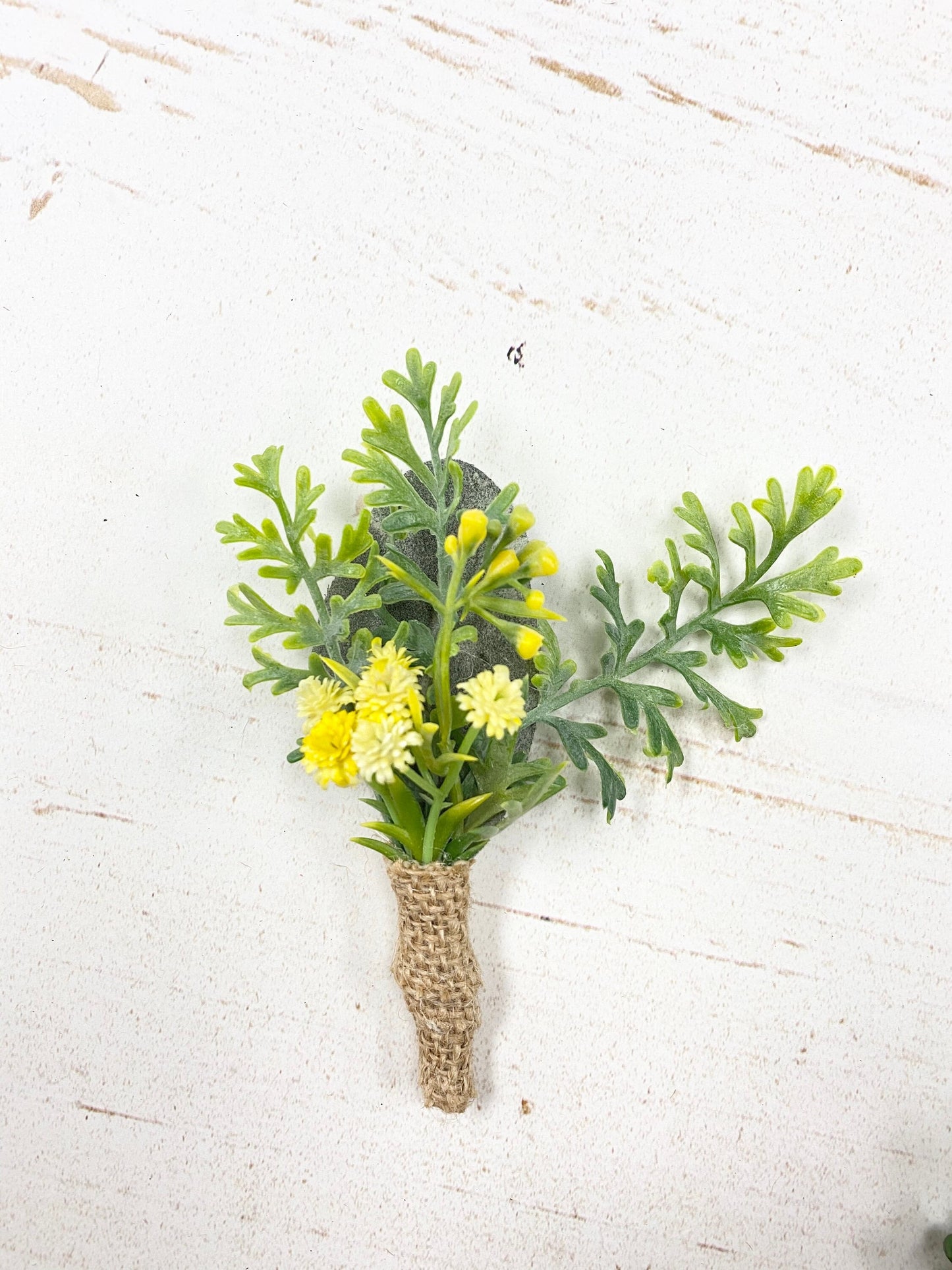 Rustic Artificial Boutonniere - Baby's Breath, Greenery & Succulents with Burlap Wrap