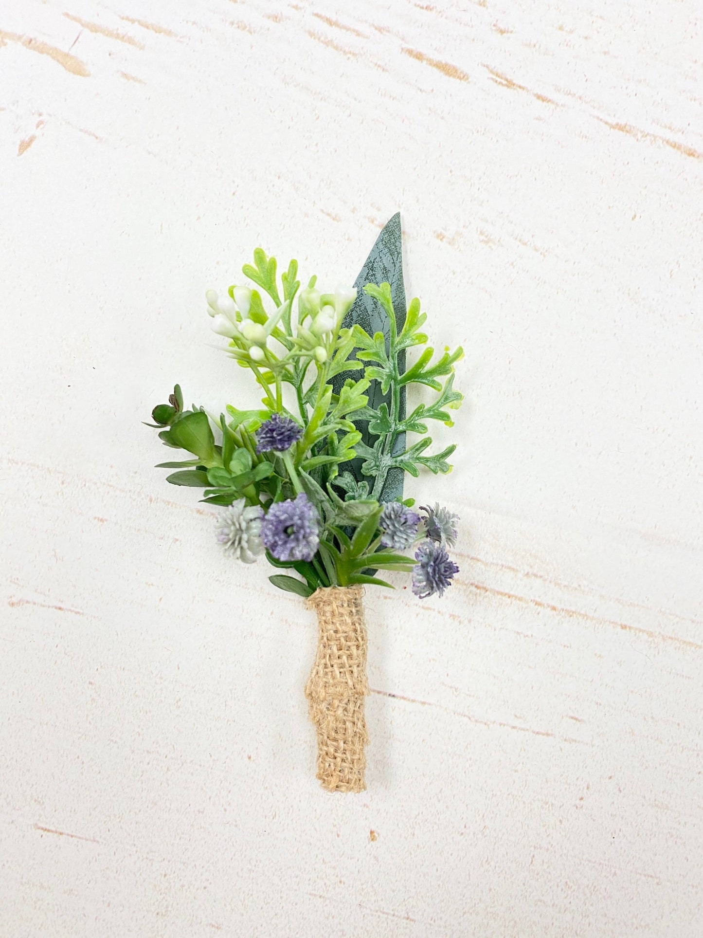 Rustic Artificial Boutonniere - Baby's Breath, Greenery & Succulents with Burlap Wrap