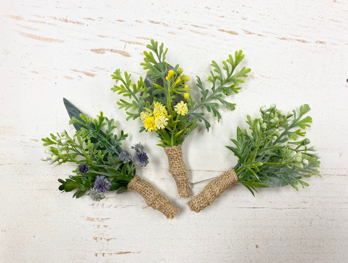 Rustic Artificial Boutonniere - Baby's Breath, Greenery & Succulents with Burlap Wrap