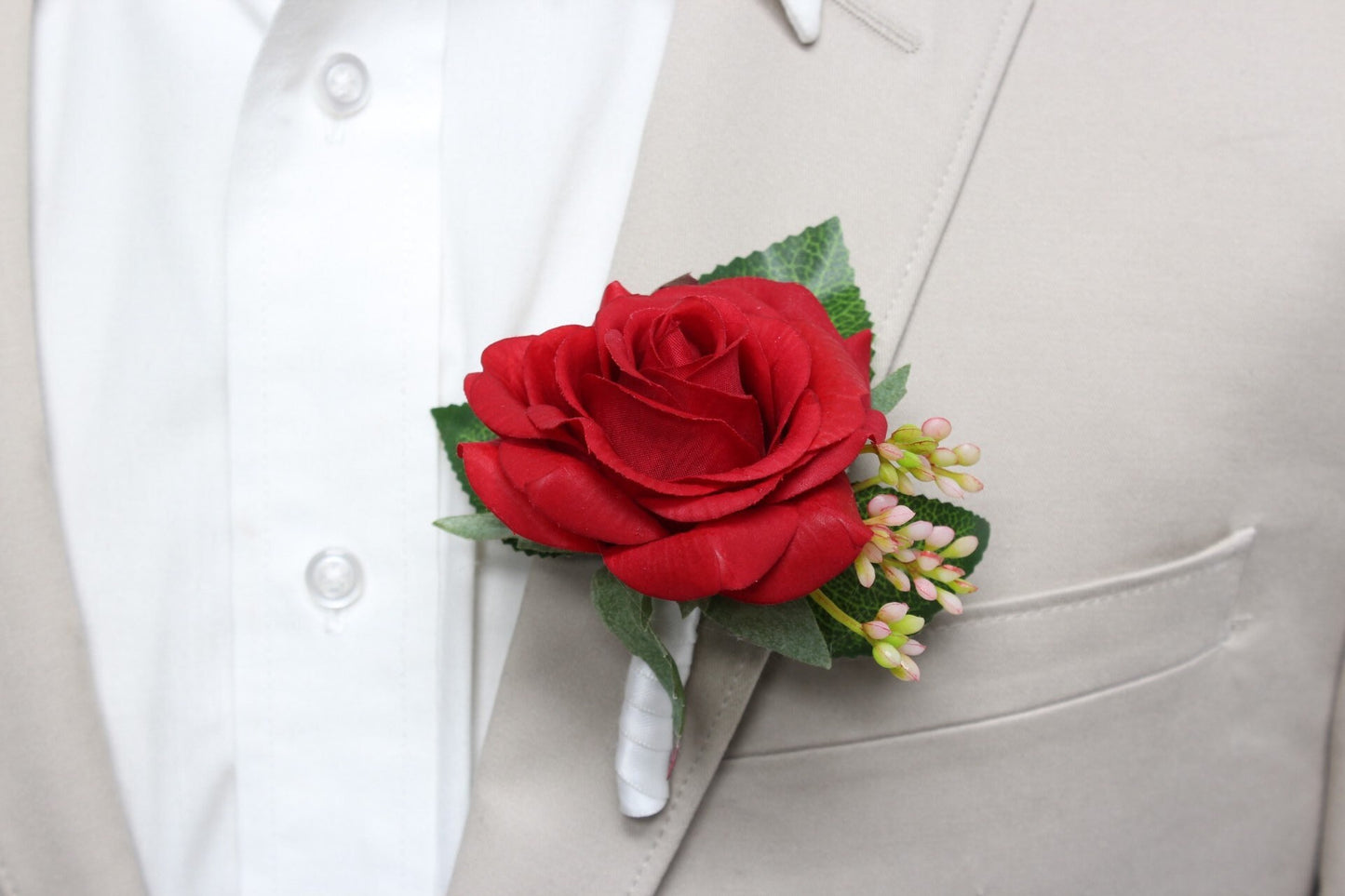 Lifelike Red Rose Boutonniere with Custom Ribbon - Ideal for Weddings, Proms & Events