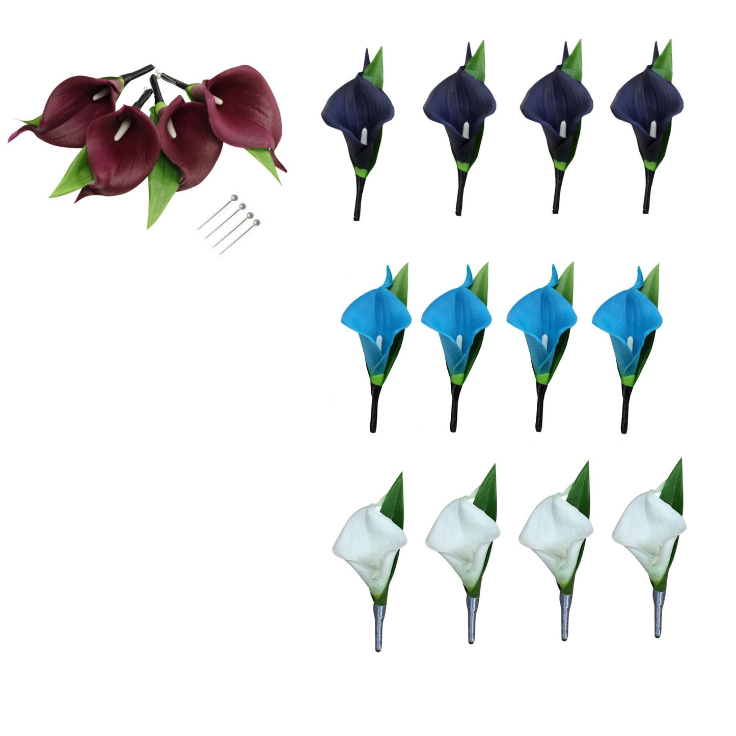 Pack of 4- Real touch calla lily Boutonnieres with greenery and ribbon wrapped stem Pin included Wedding Prom graduation Dance Groom father