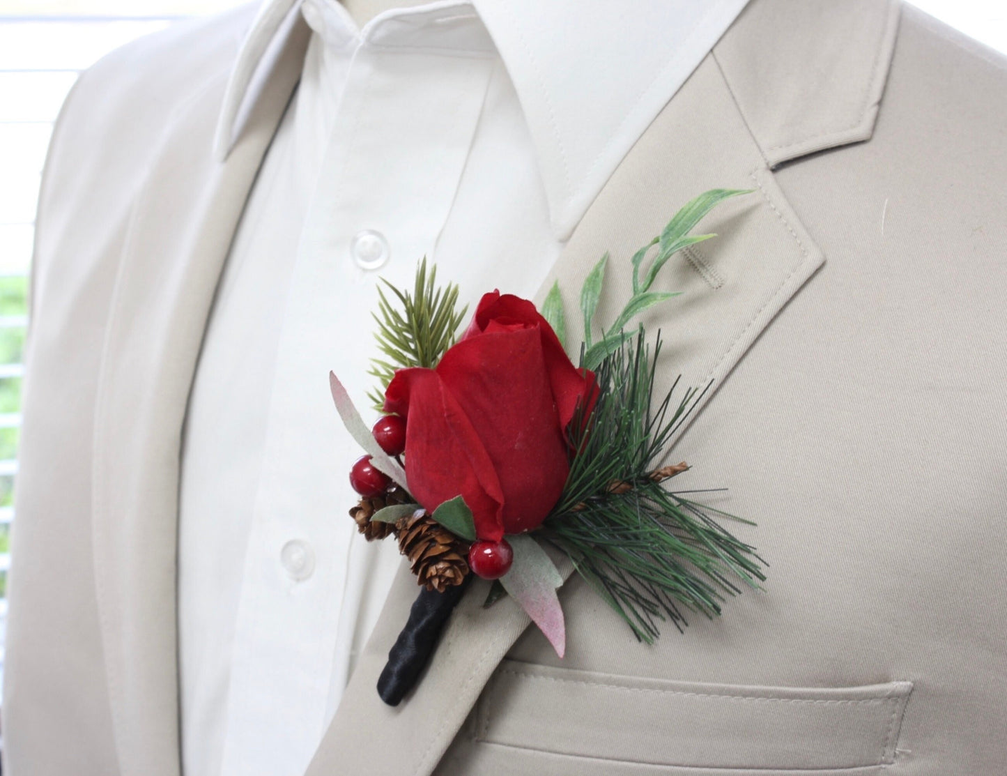 life-like real touch deep Christmas red or soft ivory boutonniere with berry pine cone artificial pike fern greenery
