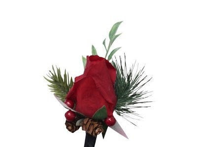 life-like real touch deep Christmas red or soft ivory boutonniere with berry pine cone artificial pike fern greenery
