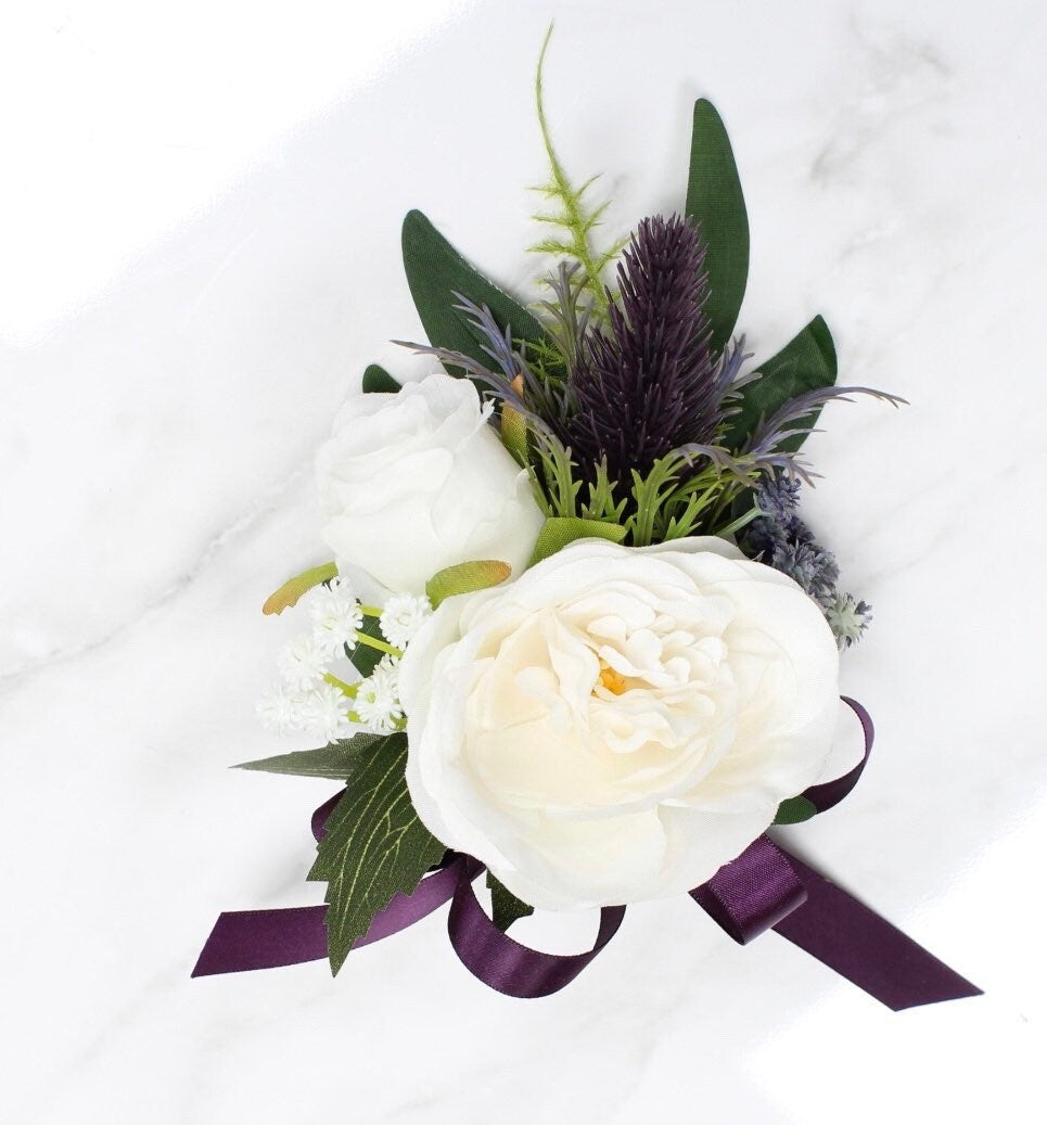 Elegant Faux Rose & Eucalyptus Corsage and Boutonniere Set for Events