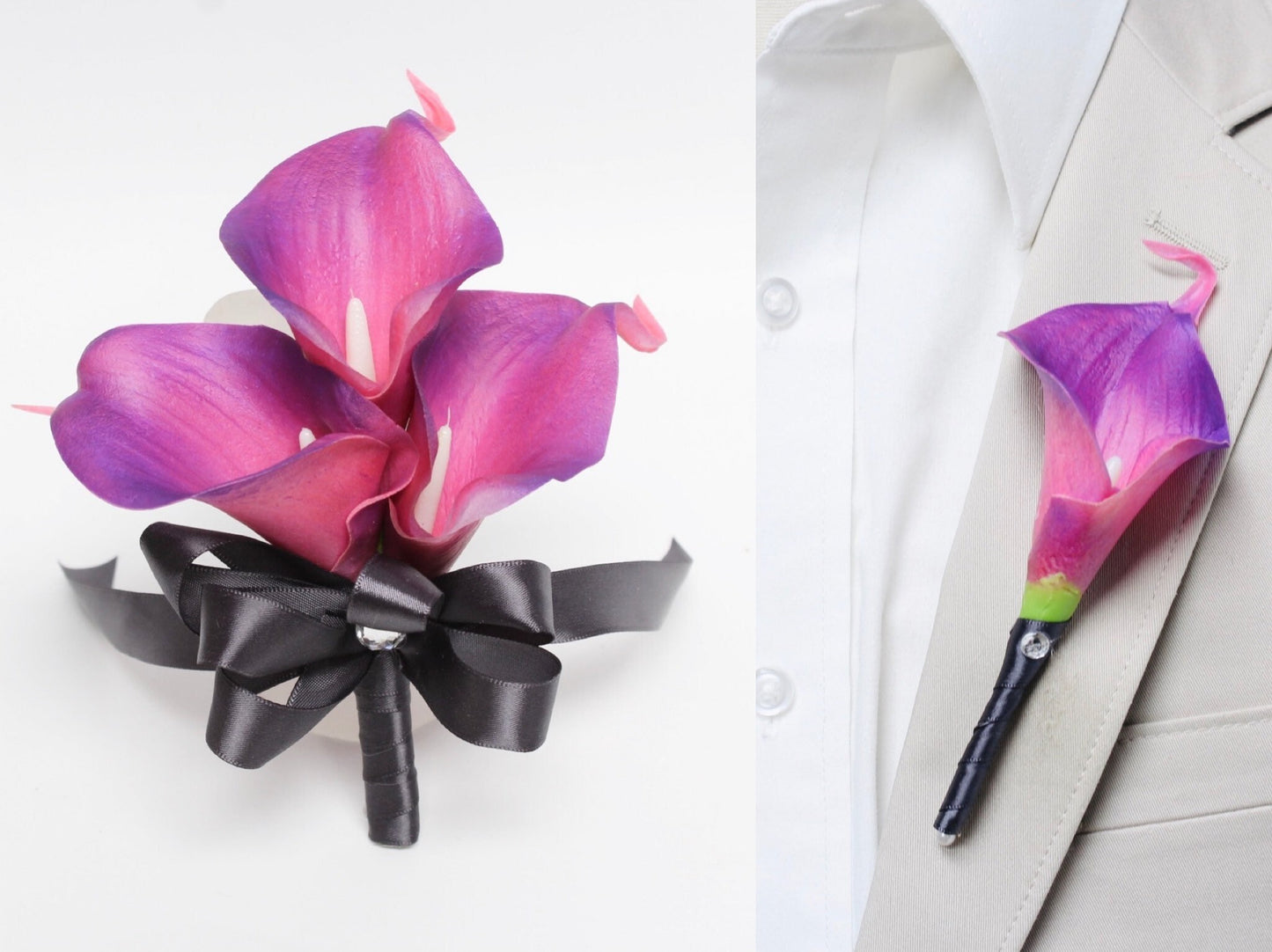 Elegant Cassis & Berry Calla Lily Corsage and Boutonniere Set