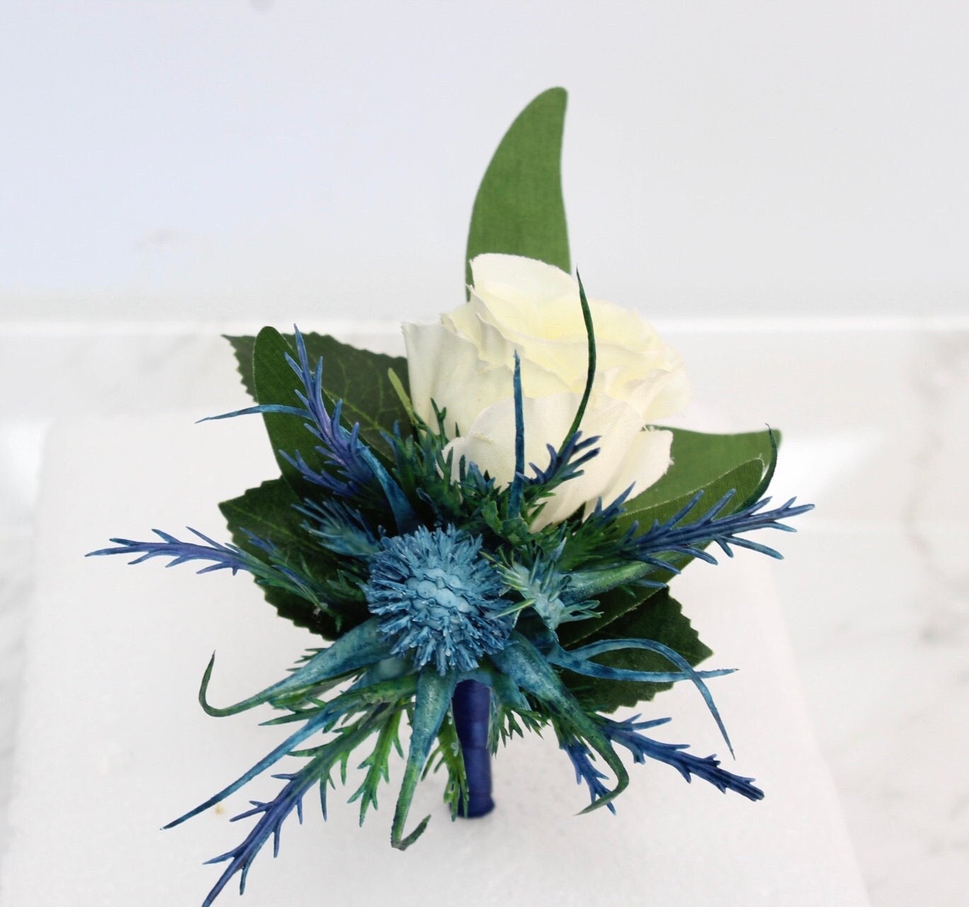 Elegant Cream Rose & Blue Thistle Corsage/Boutonniere Set - Custom Ribbon Colors