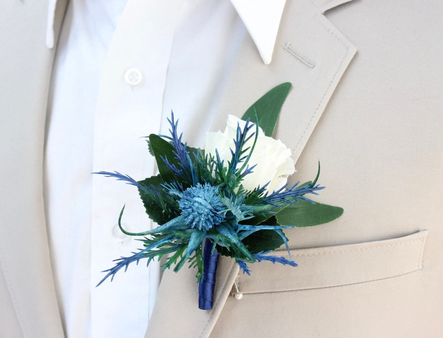 Elegant Cream Rose & Blue Thistle Corsage/Boutonniere Set - Custom Ribbon Colors