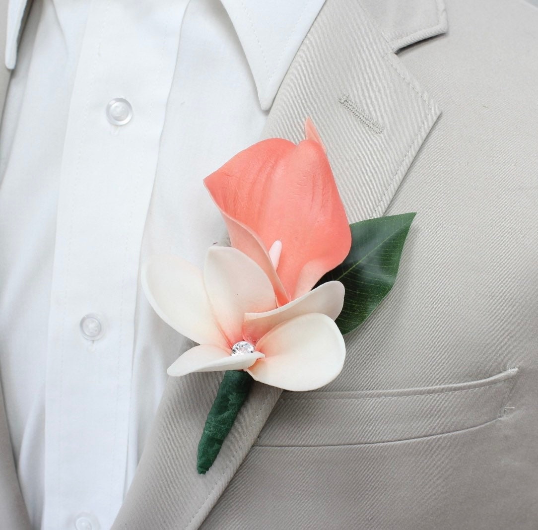 Real Touch Calla Lily & Plumeria Boutonniere in Sangria - Handcrafted Artificial Corsage