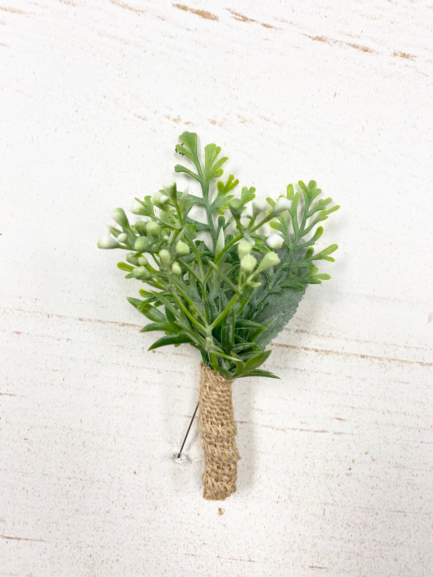 Rustic Artificial Boutonniere - Baby's Breath, Greenery & Succulents with Burlap Wrap
