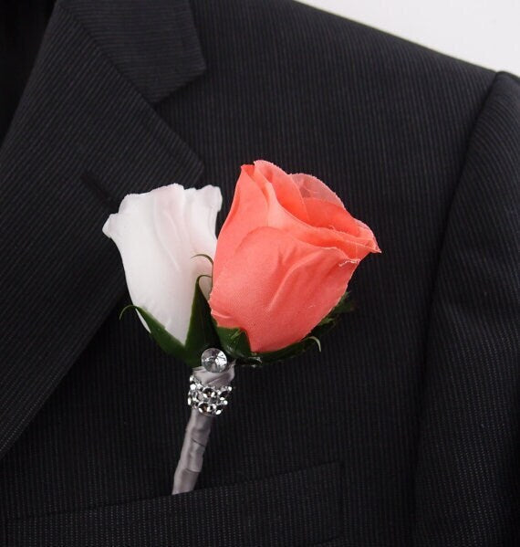 Coral White rose boutonniere with Gray ribbon and bling