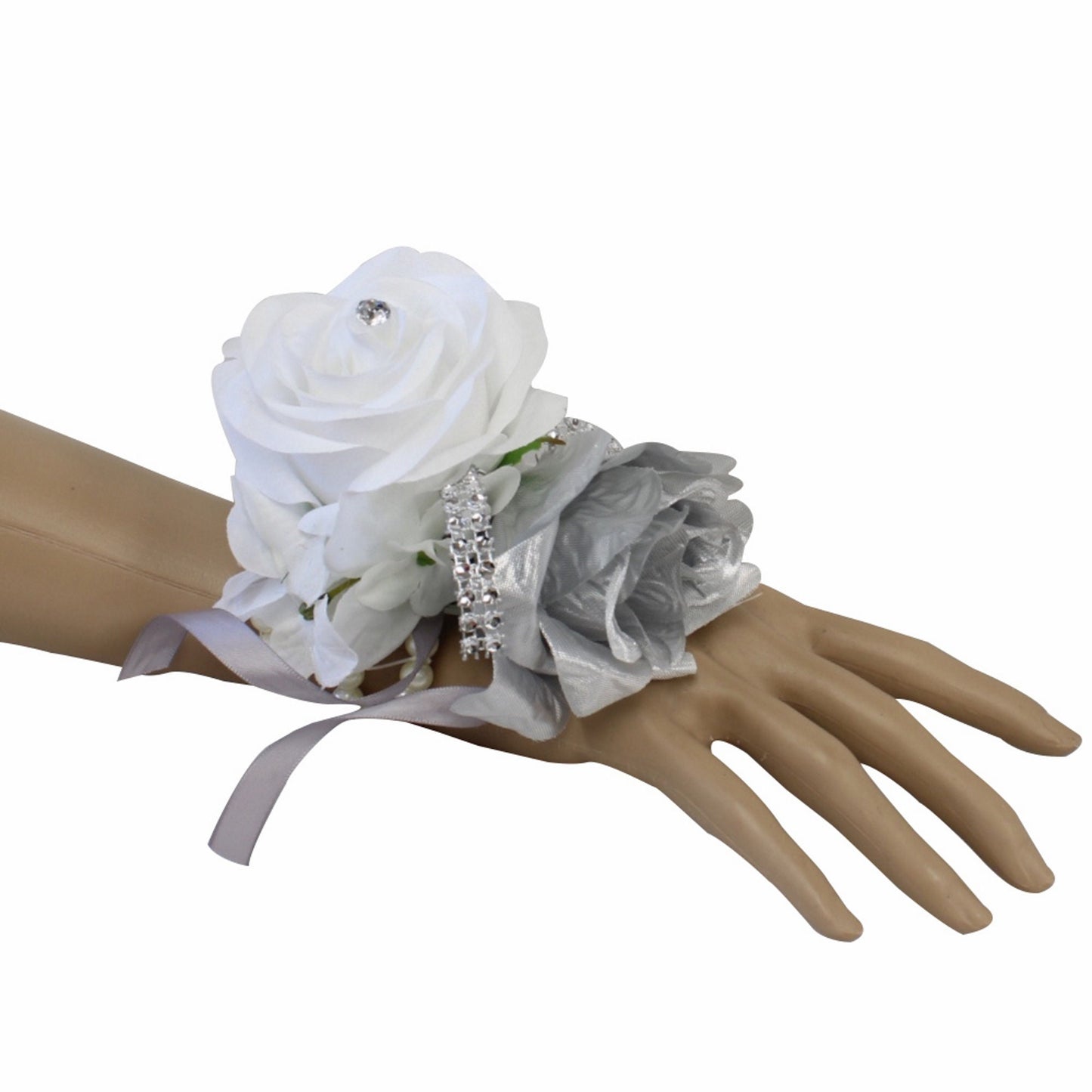 Silver Charm Artificial Rose Corsage & Boutonniere Set with Pearl Accents