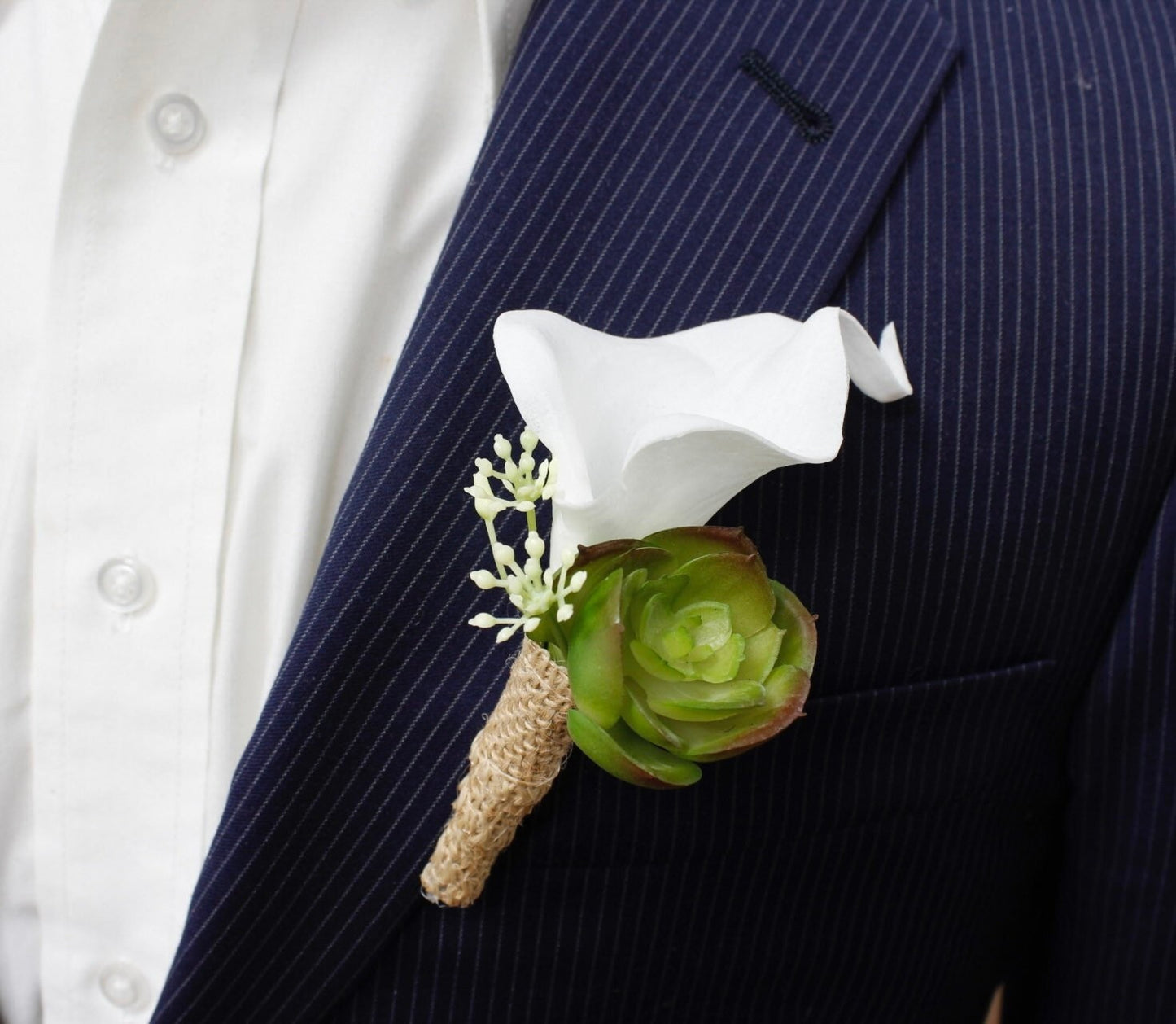 Custom Calla Lily Boutonniere with Succulents & Burlap Stem - Choose Your Color