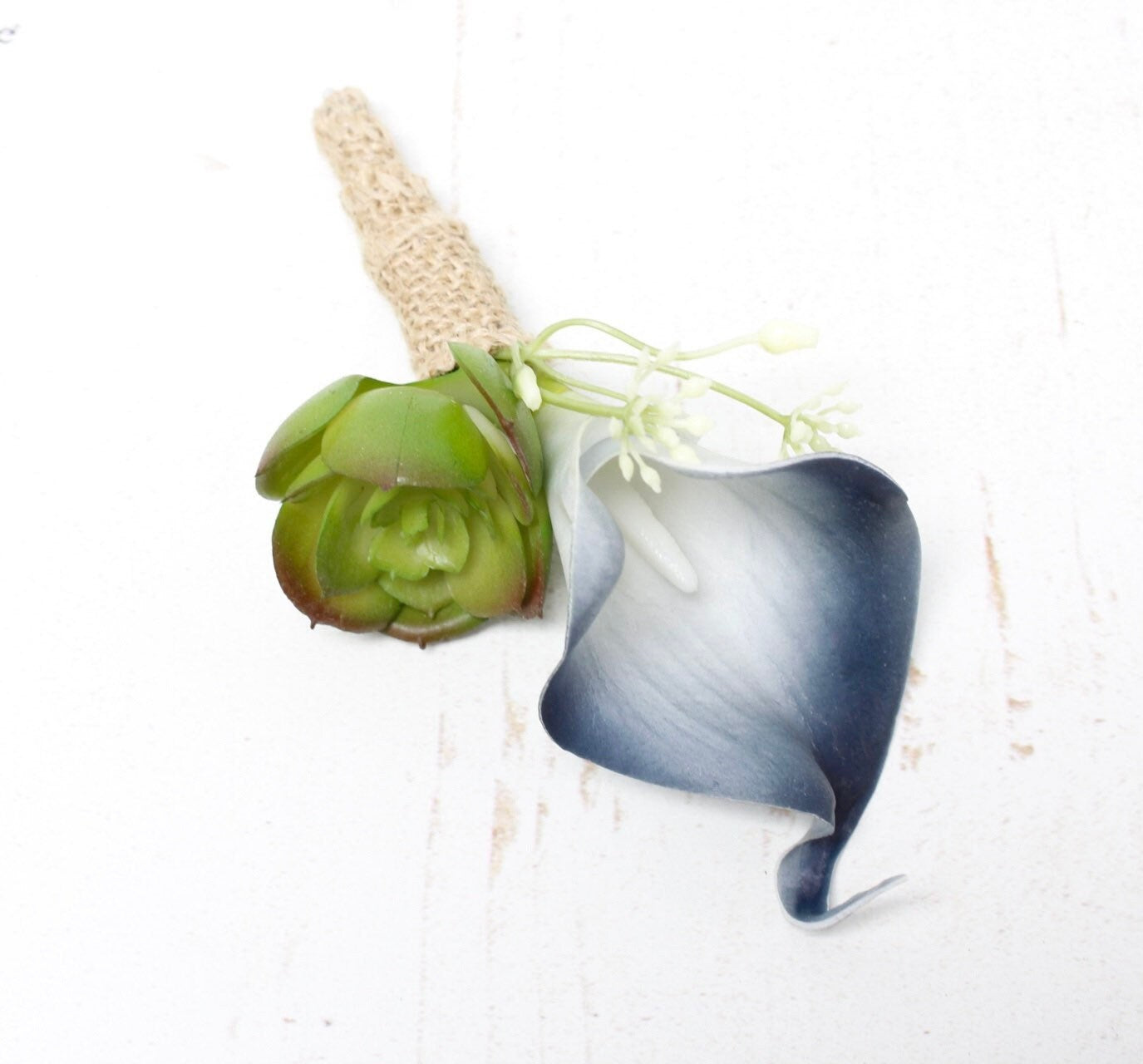 Custom Calla Lily Boutonniere with Succulents & Burlap Stem - Choose Your Color