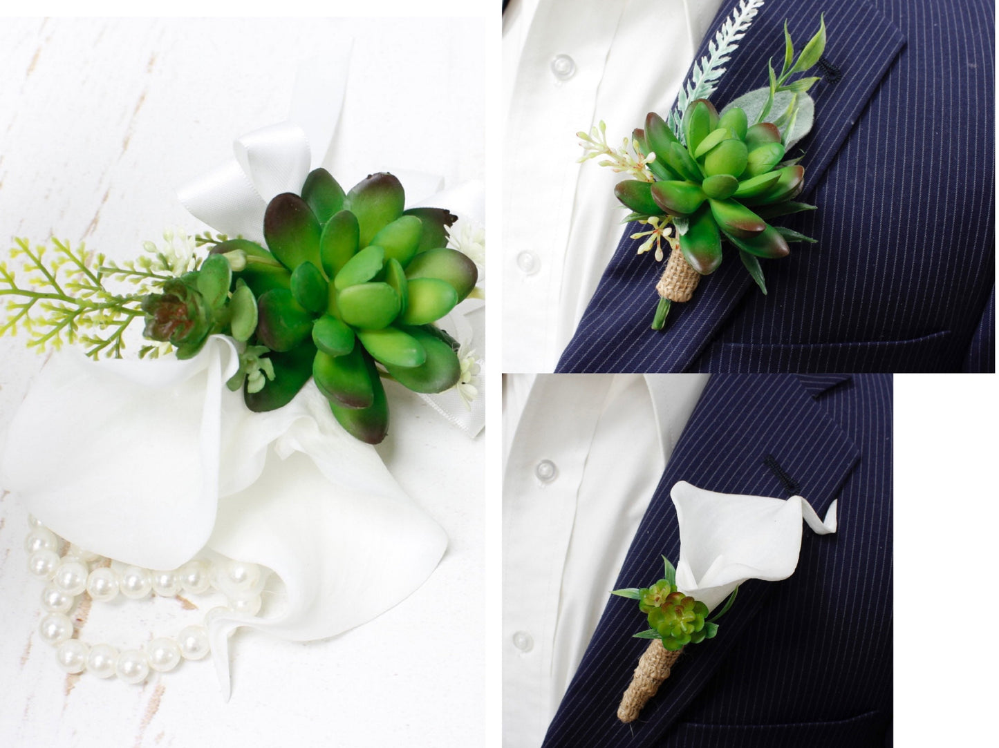 Customizable Real Touch Calla Lily Wedding Boutonniere & Corsage with Succulents