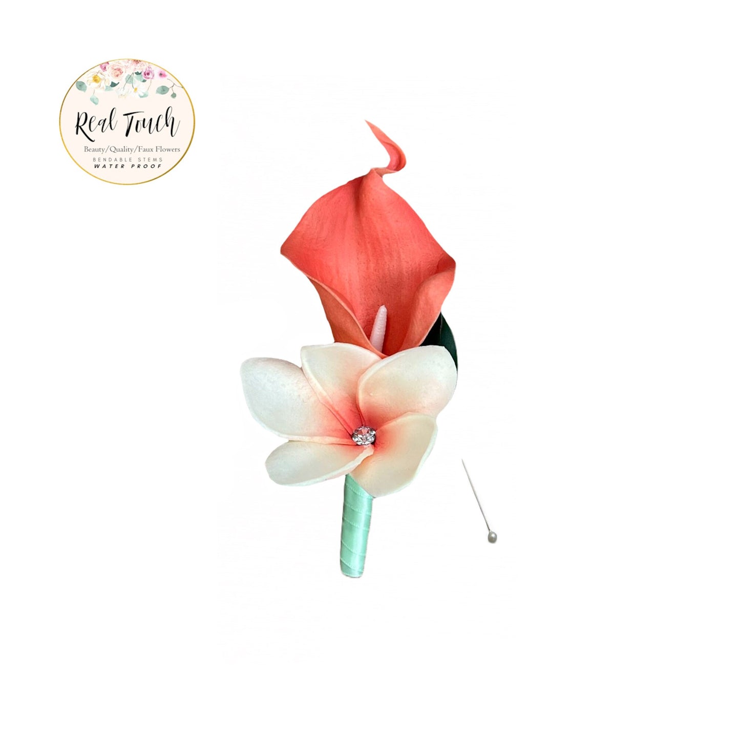Luxurious Coral Calla Lily & Plumeria Silk Flower Ensemble - Includes Corsage, Boutonniere, and Hair Accessory