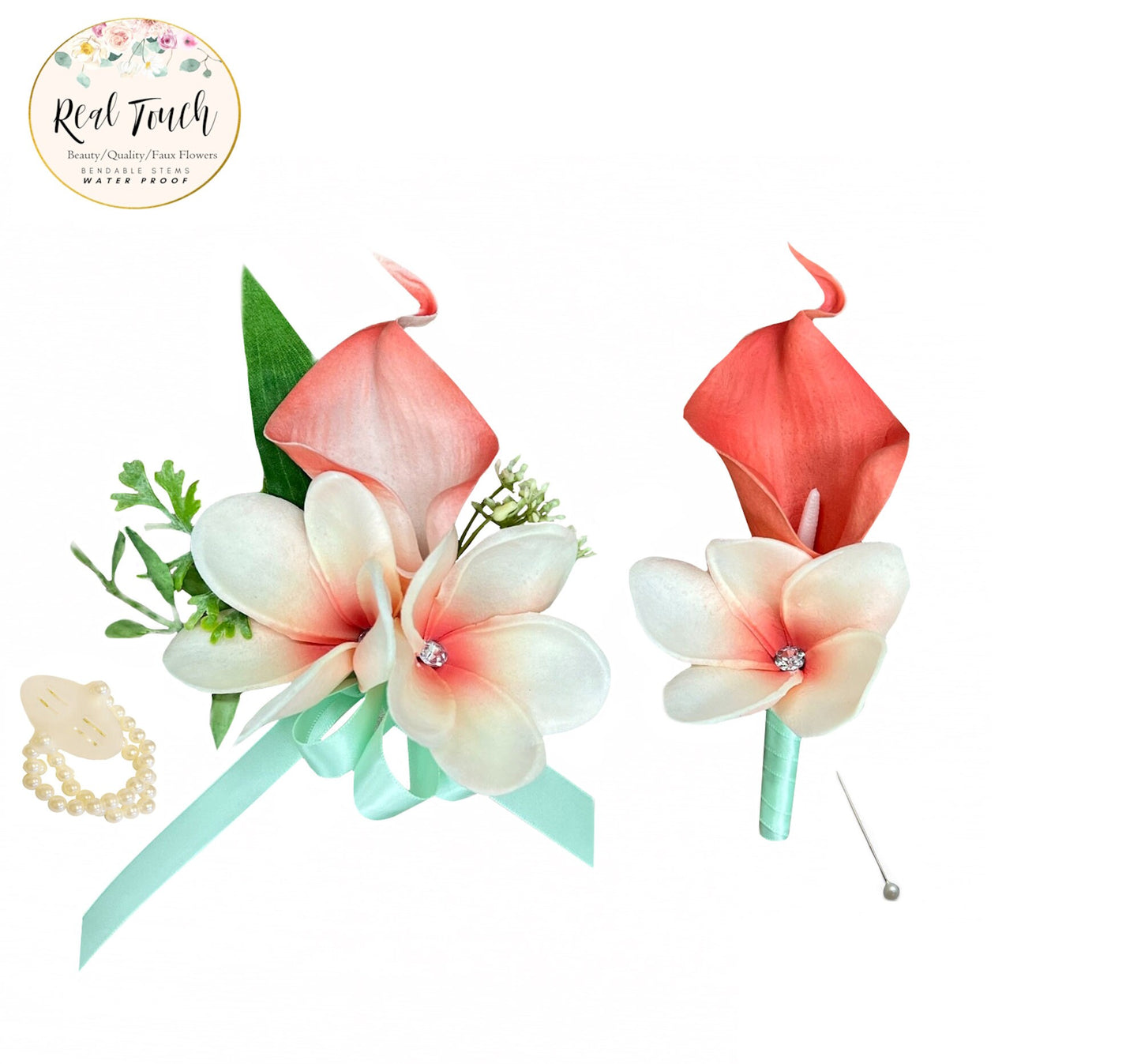 Luxurious Coral Calla Lily & Plumeria Silk Flower Ensemble - Includes Corsage, Boutonniere, and Hair Accessory